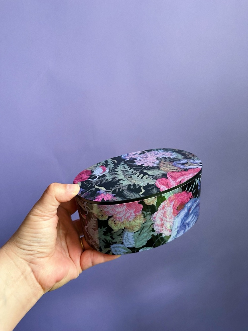 Floral Pattern Oval Plastic Jewelry Box - Black with Pink & Blue Flowers